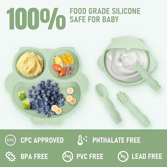 Baby Weaning Set, Silicone Baby Feeding Set(10 Pcs), Toddler Weaning Set with Adjustable Bib, Suction Bowl, Plate, Fork, Spoon, Water & Snack Cup Kit, Baby Led Weaning Kit for Babies and Kids