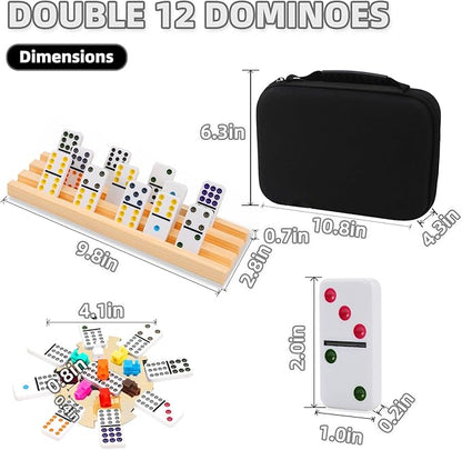 Upgraded Mexican Train Dominoes Set with Wooden Hub and 4 Racks/Trays,Double 12 Dominos Set for Kids, Adults Travel Set with 91 Tiles and Carry Case, Classic Board Games for Family Night