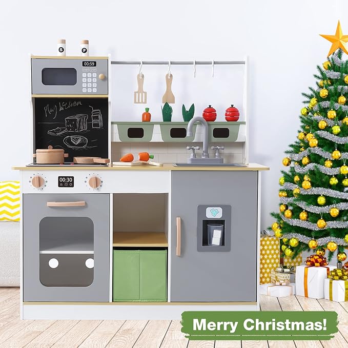 Play Kitchen for Kids, Wooden Play Kitchen with Toy Storage System, Kids Play Kitchen with Cookware Accessories, Kids Play Kitchen Designed, Gift for Ages 3+