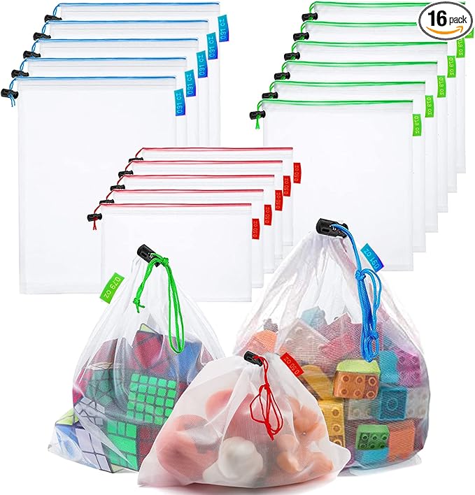 16 Pcs Mesh Small Toy Bags for Storage, 3 Sizes Reusable Mesh Drawstring Produce Bags Puzzle Bag for Kids Storage Playroom Organization, Fruits, Vegetable