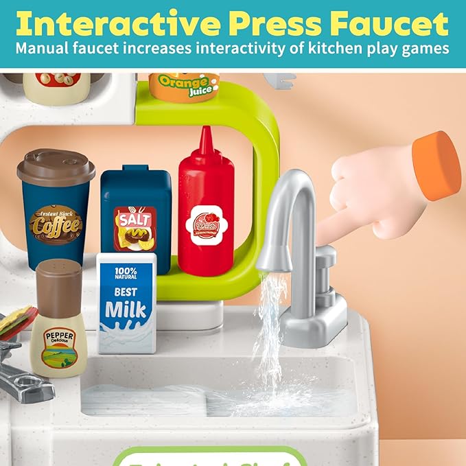 CUTE STONE Kids Kitchen Playset, Play Kitchen for Toddlers, Play Sink with Manual Faucet, Cooking Stove with Steam, Sound and Light, Play Kitchen Accessories, Pretend Toy Kitchen Set for Kids, 40" H