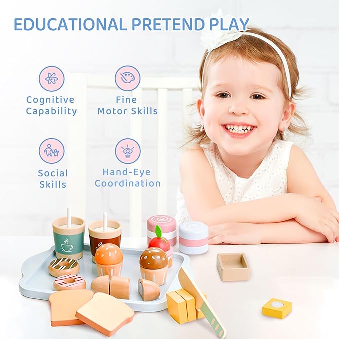 Breakfast Toy Set,Wooden Food Toys Play Food Sets for Kids Kitchen, Wooden Play Food,Pretend Food Toy Food Set,Breakfast Toy Set,Non-Toxic Breakfast Wooden Play Set Birthday