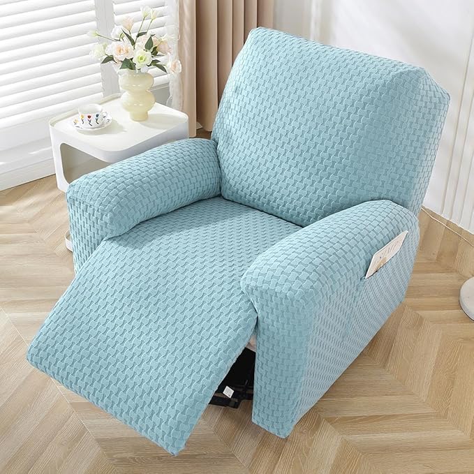 vctops 4 Pieces Jacquard Plush Recliner Slipcovers Stretch Soft Sofa Couch Cover Anti-Slip Solid Color Furniture Protector with Elastic Bottom for Kids Cats Dogs (Sky Blue,1 Seat)