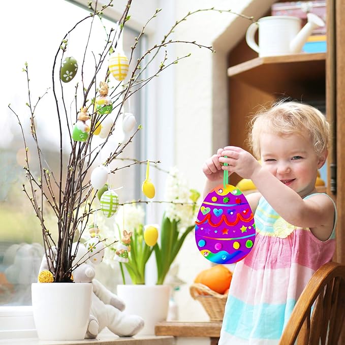 32 Sets Magic Color Scratch Art Easter Egg Ornaments Decorations DIY Easter Craft Kits Assorted Scratch Paper Egg Pom-poms Pipe Cleaners for Kids Party Favors Classroom Home Activity Art Project