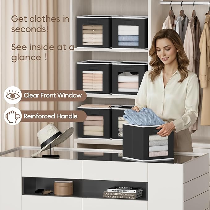 Homsorout Foldable Storage Cubes - Cubby Storage Organizer with Window, Decorative Baskets for Organizing, Fabric Bins for Clothes Storage, Closet Storage Cubes-11inch, 8 Pack, Black