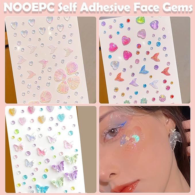 NOOEPC Self Adhesive Face Gems Self Rhinestone Jewel Stickers Craft Supplies Scrapbook Supplies Gemstones Hair Gems, Rhinestone Stickers for Face, Eye, Makeup, Body