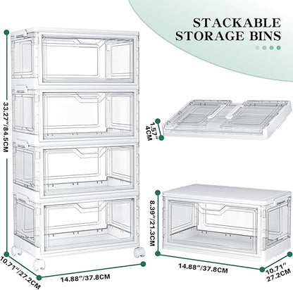Kmiectse Clear Storage Bins with Lids - 4 Tier Plastic Bins with Wheels, Stackable Storage Bin, Closet Organizers Box for Bedroom, Living Room, 23 QT Folding Box with Magnetic door