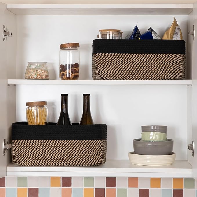 OIASKET Storage Baskets for Organizing 3 Pack, Woven Baskets for Shelves, Closet Organizer Bins Empty Gift Basket Toy Storage for Toys, Books, Towels, Clothes, 15"x11.42"x6.7", Black & Yellow