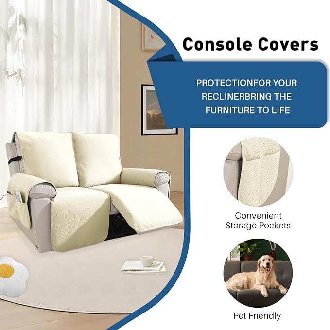 Easehomey 100% Waterproof Loveseat Recliner Cover Non-Slip Sofa Cover with Elastic Band Two Pockets, Washable Recliner Couch Cover 2 Seat Furniture Protector for Kids,Pets (Beige, Recliner Loveseat)