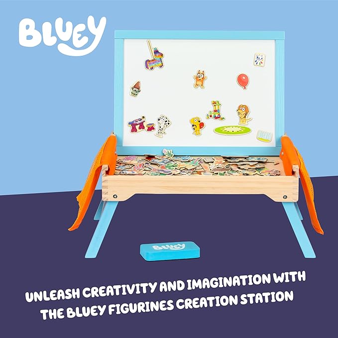 Bluey Art Creation Kids Art Station with 100 Magnets & Whiteboard Lid, Foldable Legs, Art Table for Kids, Storage Pockets