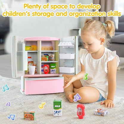 PLAY Kids Kitchen Refrigerator with Ice Dispenser, Pretend Play Fridge Kitchen Set for Toddlers, Toy Kitchen Appliance Accessories for Girl Boy Christmas Birthday Gift Age 1-3 4-8, Pink