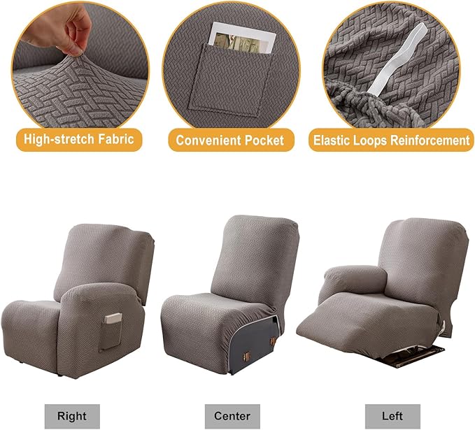 Genina Recliner Cover Stretch Couch Covers, Sofa slipcover for Reclining Couch Thick Jacquard Furniture Protector Washable (Light Grey, 3 Seat)