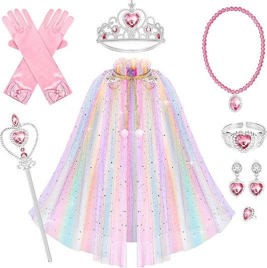 10 Pieces Princess Cape Set Dress up Clothes for Little Girls Party Cosplay Cloak with Jewelry Tiara Crown Wand Gloves