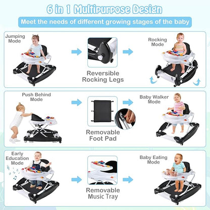 HONEY JOY Baby Walker, 6-in-1 Foldable Baby Walker and Bouncer Combo, Infant Activity Walker with Wheels, Adjustable Heights, Rocker, Music, Lights, Walker for Baby Boy Girl 7-14 Months (Black)