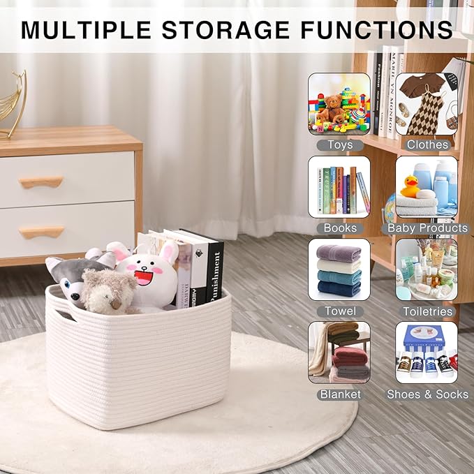 ICERZCZ Storage Baskets for Organizing Shelves, Woven Cotton Rope Bins for Baby Nursery Organization, Book Toy Towel Organizer, 15"x11"x9.5", 3 Packs, Off White