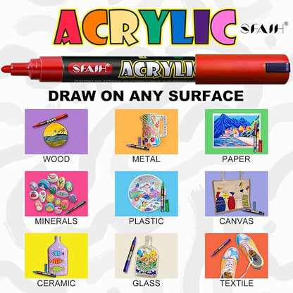 SFAIH Acrylic Creative Markers - 3mm Replaceable Nibs 36 Colors, Large Ink Capacity, Ultra-High Coverage, Non-Bleeding Water-Based Ink, Drawing Markers for Art Supplies, Wood, Fabric, Rock Painting