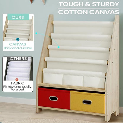 EXPERLAM 4 Tier Kids Book Shelf, Wooden Kids Book Rack Storage Bookshelf with Toy Storage Organizer, Toddler Sling Bookshelf for Boys, Girls, Play Room, Nursery, Red/Yellow