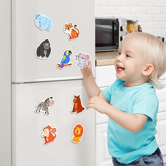 Wooden Fridge Magnets for Toddlers - 10 Cute Zoo Animals - Full Back Magnetic Toddler Magnets, Large Refrigerator Baby Toys, Fun Educational Learning Gifts for Preschool Kids Ages 2+
