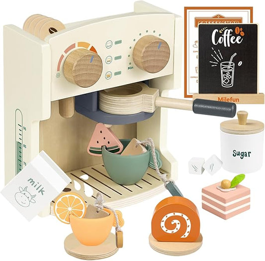 Kids Coffee Maker Kitchen Playset Wooden Kitchen Toys for Kids - 22PCS Toy Coffee Maker for Boys & Girls Learn and Serve Coffee Cafe Pretend Play Kids Espresso Coffee Shop Playset Toys