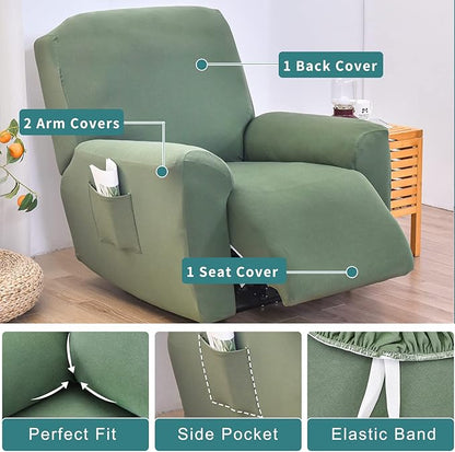 NILUOH Stretch Recliner Cover 4 Pieces Electric Power Lift Recliner Chair Cover Reclining Couch Cover Anti-Slip Fitted Furniture Protector with Side Pocket