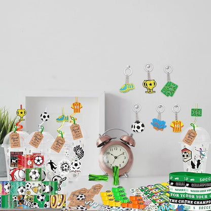 Soccer Party Favors 184 Pcs Soccer Birthday Party Decoration With Cups Straws Slap Bracelets Whistles Wristbands Keychains Stickers Thank you Tags for Sports Party Supplies (Soccer)