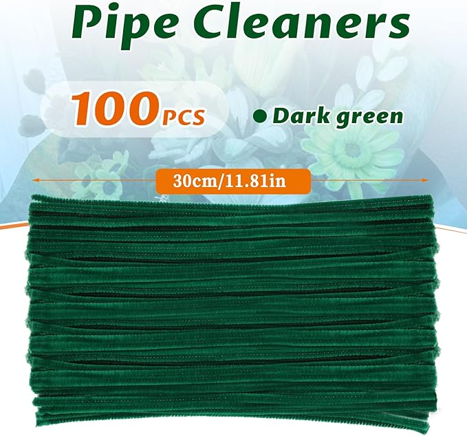 100 Pcs Pipe Cleaners, Fuzzy Chenille Stems Green Pipe Cleaners Craft, Pipe Cleaners Bulk for Festivals Flower Making, Arts and Crafts Decorations Supplies