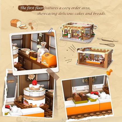 City Bakery Cafe House Building Set with Light, 1289 PCS Baking Shop Building Block Toy with Coffee Cake Bread Bakery Room, Pastry Construction Model for Adults Teens Kids Boys Girls Ages 8-12+