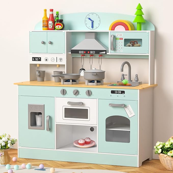 Babytronic Wooden Play Kitchen Set, Pretend Play Kitchen with Lights and Sounds for Kids Ages 3+, Includes Stove, Oven, Microwave, Coffee Maker, and Accessories, Toy Kitchen Set for Toddlers (Blue)