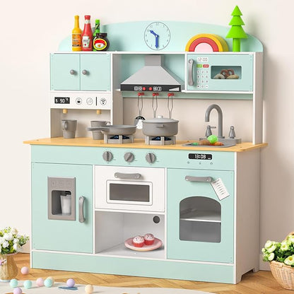 Babytronic Wooden Play Kitchen Set, Pretend Play Kitchen with Lights and Sounds for Kids Ages 3+, Includes Stove, Oven, Microwave, Coffee Maker, and Accessories, Toy Kitchen Set for Toddlers (Blue)