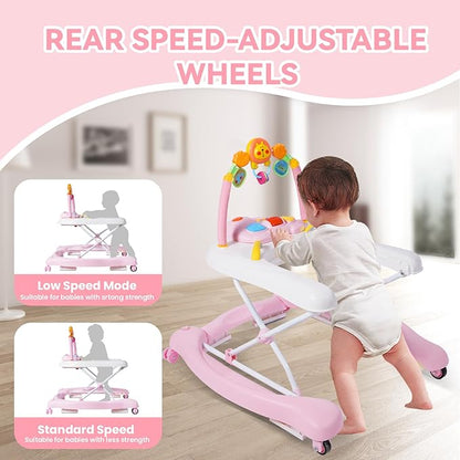 Baby Walker, 5 in 1 Baby Walkers for Boys Girls 6-12 Months, Foldable Walkers for Babies with Bouncer & Feeding Tray, Music, Adjustable Heights, Activity Walker for Infant