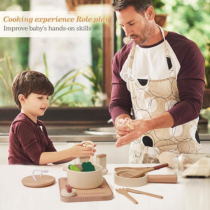 OESSUF Kitchen Set for Kids Wooden Play Kitchen Accessories Toddler Pretend Baking Cooking Playset, Cookware Utensils Learning Toys with Play Pots and Pans, Montessori Toy Gift Sets for Kids