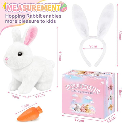 Realistic Bunny for Kids - Interactive Hopping Bunny Toy Set with Bunny Ears, Electric Lifelike Robot Rabbit that Move, Walking Barking and Wagging Tail Bunby Stuffed Animal with Sounds,White
