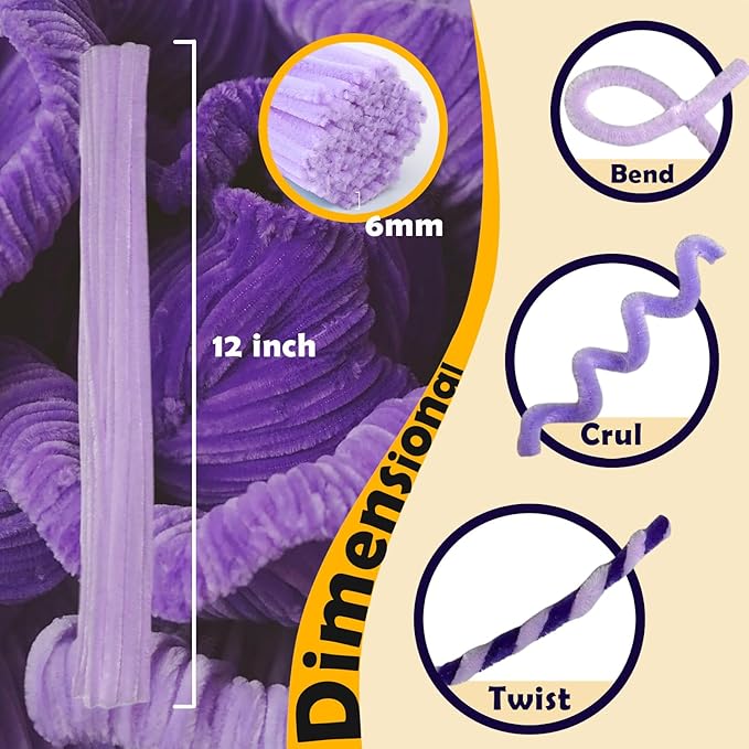 300pcs Purple Pipe Cleaners Bulk - Fluffy Craft Pipe Cleaners for Arts & Crafts, Ideal for Making Flowers, Animals & Decorations (12 x 0.24 inches)