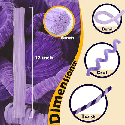 300pcs Purple Pipe Cleaners Bulk - Fluffy Craft Pipe Cleaners for Arts & Crafts, Ideal for Making Flowers, Animals & Decorations (12 x 0.24 inches)