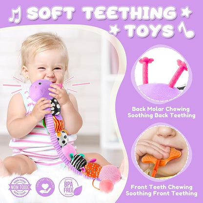 AWOTOY Baby Toys 0-6-12 Months,Musical Caterpillar Stuffed Animals Activity Infant Toys with Crinkle,Rattles,Mirror&Pull String,Muti-Sensory Toys Gifts for Newborn Tummy Time,Taro Purple|Leafy