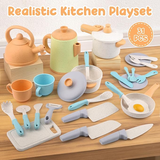 Pretend Play Kitchen Accessories Toys, Pots and Pans Utensils Playset for Kids, Cooking Play Set Gift for Toddlers Boys and Girls 3 4 5 Years Old