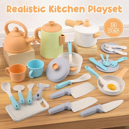 Pretend Play Kitchen Accessories Toys, Pots and Pans Utensils Playset for Kids, Cooking Play Set Gift for Toddlers Boys and Girls 3 4 5 Years Old