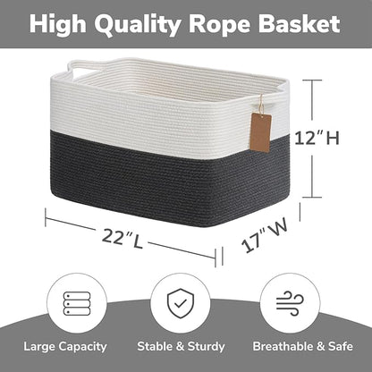 Goodpick Woven Storage Baskets for Organizing 22”x17”x12” Large Blanket Basket for Living Room Bedroom, Rectangle Toy Baskets Storage Kids with Handles, Dark Gray