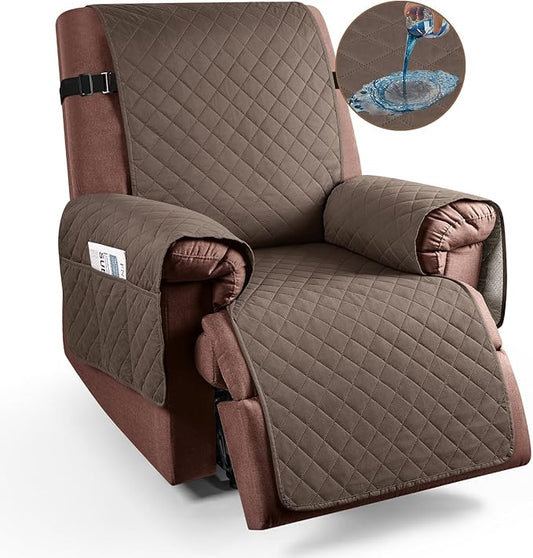 KinCam 100% Waterproof Recliner Chair Cover, Reclining Couch Covers for Pets, Dogs, Recliner Couch Slipcover Furniture Protector with Elastic Straps for Kids(23.6", Brown)