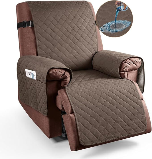 KinCam 100% Waterproof Recliner Chair Cover, Reclining Couch Covers for Pets, Dogs, Recliner Couch Slipcover Furniture Protector with Elastic Straps for Kids(28", Brown)