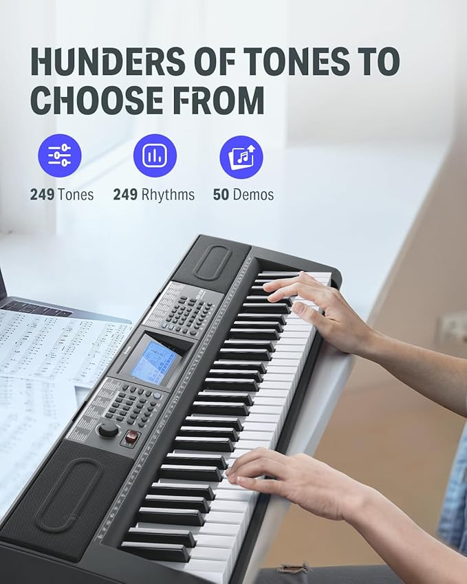 Donner 61 Key Keyboard Piano, Electric Piano Keyboard Kit with 249 Voices, 249 Rhythms - Includes Piano Stand, Stool, Microphone, Gift for Beginners, Black (DEK-610S)