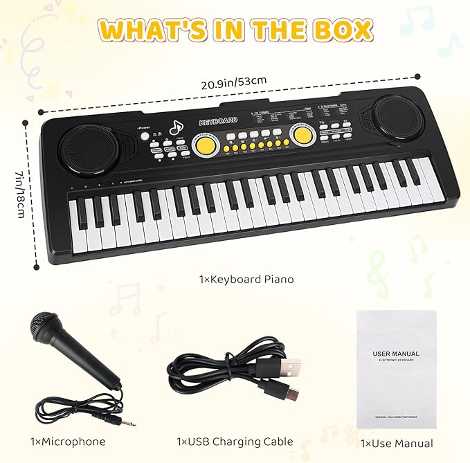 Kids Piano Keyboard with Microphone, 49 Keys Portable Electronic Piano Keyboard for Kids Beginners Ages 3 4 5 6 7, Toy Music Keyboard Birthday Xmas Gift for Girls Boys, Black