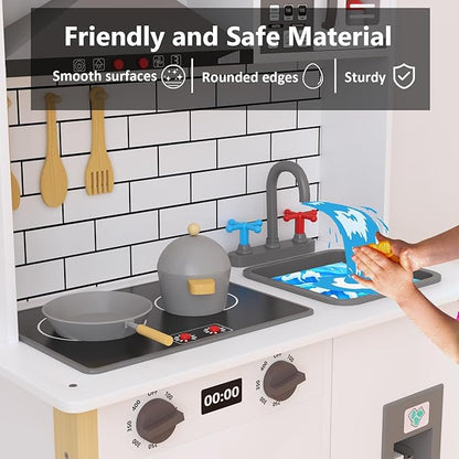 Play Kitchen for Kids, Wooden Kitchen Playset with Fruit Set, Light, Stove, Sink and Accessories, Interactive Toy Kitchen Gift for Boys Girls, White