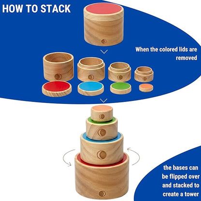 Montessori Wooden Stacking Boxes with Lids – Educational Toy for Toddlers – Fine Motor Skills & Sensory Development – Natural Wood Design – Cylindrical Stacking Set