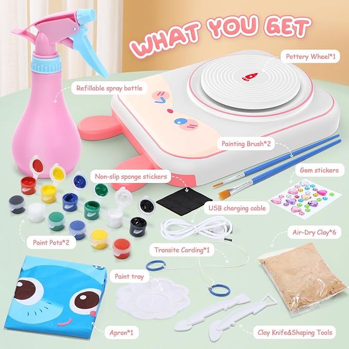 Skirfy Pottery Wheel for Kids-Art&Crafts Kits for Kids Ages 9-12 Clay Sculpting Tools & Painting Kit,Easter Birthday Gift Girls Toys 8-10,DIY Kits Clay Maker for Beginners with 6 Packs Modeling Clays