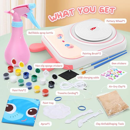 Skirfy Pottery Wheel for Kids-Art&Crafts Kits for Kids Ages 9-12 Clay Sculpting Tools & Painting Kit,Easter Birthday Gift Girls Toys 8-10,DIY Kits Clay Maker for Beginners with 6 Packs Modeling Clays