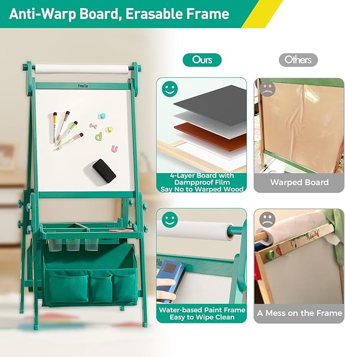 FUNLIO Foldable Anti-Warping Kids Art Easel, 3 Height Adjustable for Kids Aged 3-8, All-in-One Toddler Easel with Paper Roll, Standing Easel with Magnetic Chalkboard/Whiteboard - Green Foldable