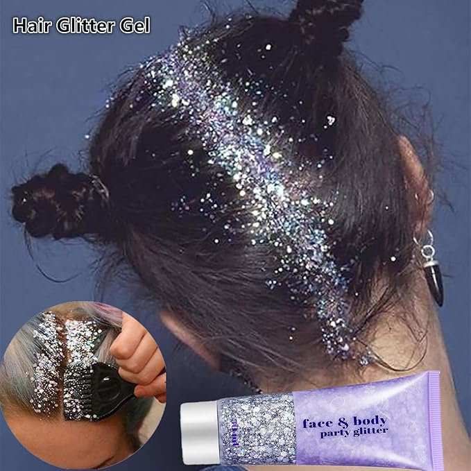 Go Ho Silver Face Body Glitter Gel,Singer Concerts Silver Face Paint Makeup,Holographic Chunky Glitters for Hair/Lip/Nails on Party Halloween Makeup,Festival Rave Accessories,52g