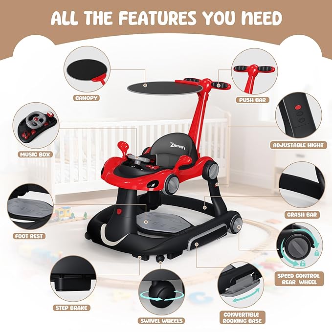 6 in 1 Foldable Baby Walker, Activity Baby Walker-Baby Bouncer, Rocker, Activity Center,Push Walker,Detachable Trampoline Mat, Adjustable Speed Rear Wheels and Height,Music & Lights,Ages 6-18 Months