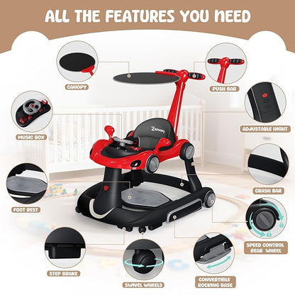 6 in 1 Foldable Baby Walker, Activity Baby Walker-Baby Bouncer, Rocker, Activity Center,Push Walker,Detachable Trampoline Mat, Adjustable Speed Rear Wheels and Height,Music & Lights,Ages 6-18 Months